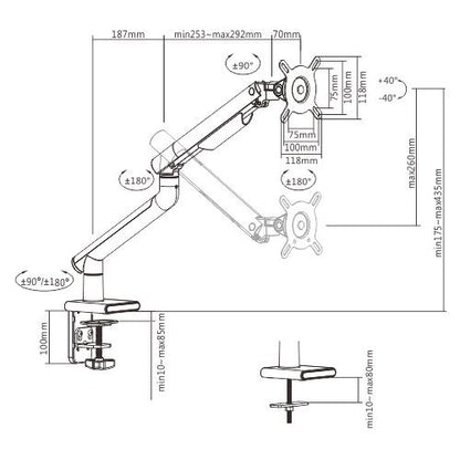 Brateck Single Monitor Premium Slim Aluminum Spring-Assisted Monitor Arm Fix Most 17'-32' Monitor Up to 9kg per screen VESA 75x75/100x100 - Grey (LS)