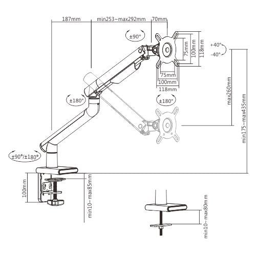 Brateck Single Monitor Premium Slim Aluminum Spring-Assisted Monitor Arm Fix Most 17'-32' Monitor Up to 9kg per screen VESA 75x75/100x100 - White (LS)