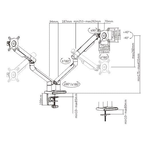 Brateck Dual Monitor Premium Slim Aluminum Spring-Assisted Monitor Arm Fix Most 17'-32' Monitor Up to 9kg per screen VESA 75x75/100x100 (Space Grey)