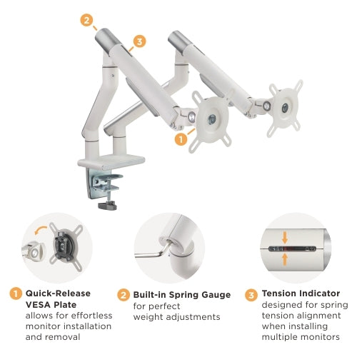 Brateck Dual Monitor Premium Slim Aluminum Spring-Assisted Monitor Arm Fix Most 17'-32' Monitor Up to 9kg per screen VESA 75x75/100x100 (White)