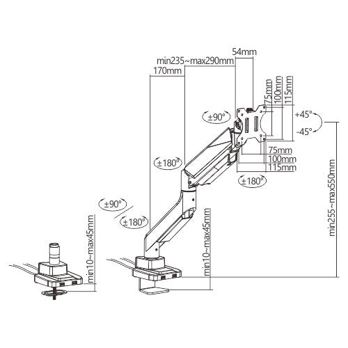 Brateck Single Monitor Economy Heavy-Duty Gas Spring Monitor Arm with USD3.1 Ports Fit Most 17'-35' Up 15kg (LS)