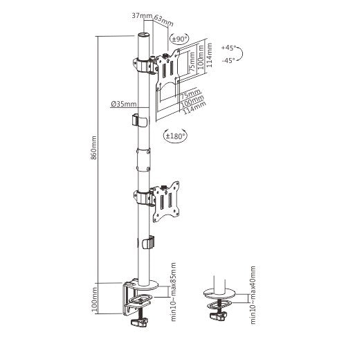 Brateck Vertical Pole Mount Dual-Screen Monitor Mount Fit Most 17'-32' Monitors, Up to 9kg per screen VESA 75x75/100x100
