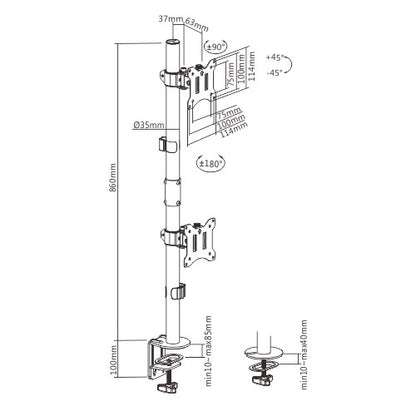 Brateck Vertical Pole Mount Dual-Screen Monitor Mount Fit Most 17'-32' Monitors, Up to 9kg per screen VESA 75x75/100x100
