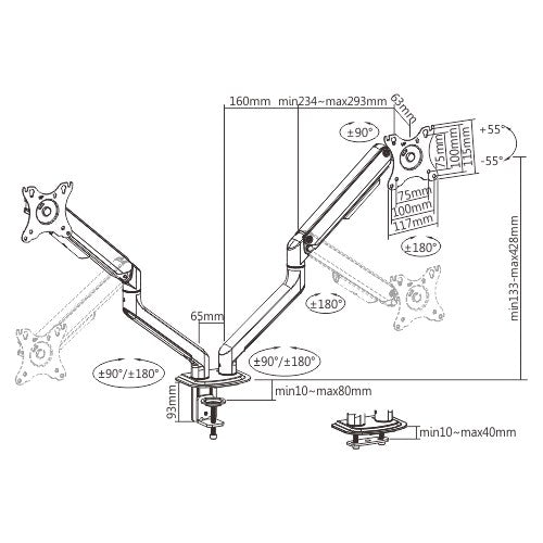 Brateck Dual Monitor Economical Spring-Assisted Monitor Arm Fit Most 17'-32' Monitors, Up to 9kg per screen VESA 75x75/100x100 Space Grey