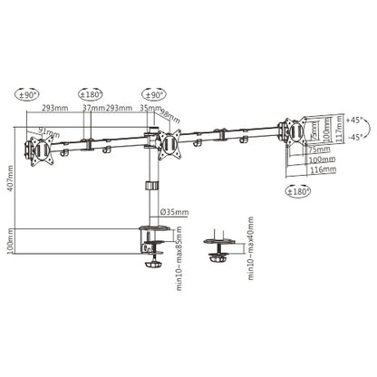 Brateck Triple-Monitor Steel Articulating Monitor Mount Fit Most 17'-27' Monitor Weight Capacity (per screen):7kg, VESA: 75x75,100x100(Black) ï¼ˆLSï¼‰