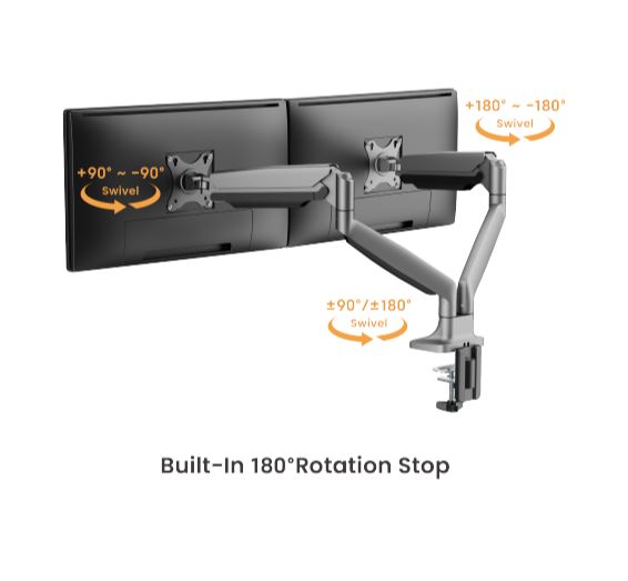 Brateck LDT82-C024UC DUAL SCREEN HEAVY-DUTY GAS SPRING MONITOR ARM WITH USB PORTS For most 17'~35' Monitors, Matte Black(LS)