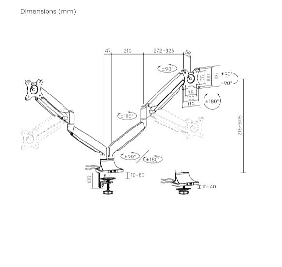 Brateck LDT82-C024UC DUAL SCREEN HEAVY-DUTY GAS SPRING MONITOR ARM WITH USB PORTS For most 17'~35' Monitors, Matte Black(LS)
