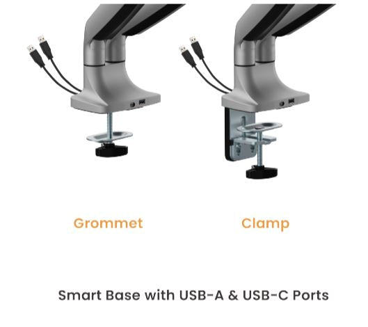 BrateckLDT82-C024UCE DUAL SCREEN HEAVY-DUTY MECHANICAL SPRING MONITOR ARM WITH USB PORTS For most 17'~35' Monitors, Matte Silver(LS)