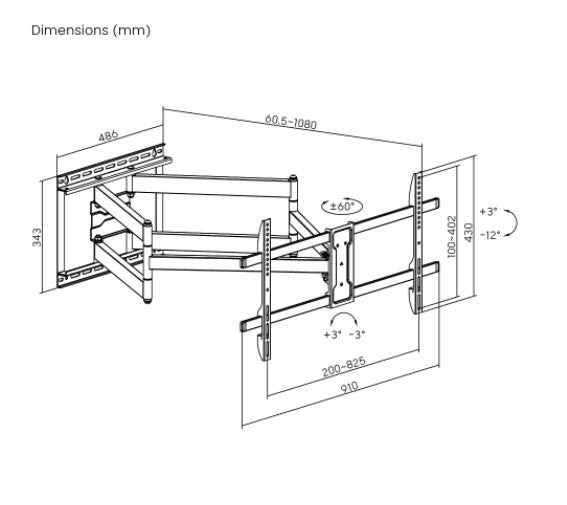 Brateck LPA84-486XL Extra Long Arm Full-Motion TV Wall Mount for most 43'-90' TVs Weight Capacity: 60kg, Fit Curved TV (LS)