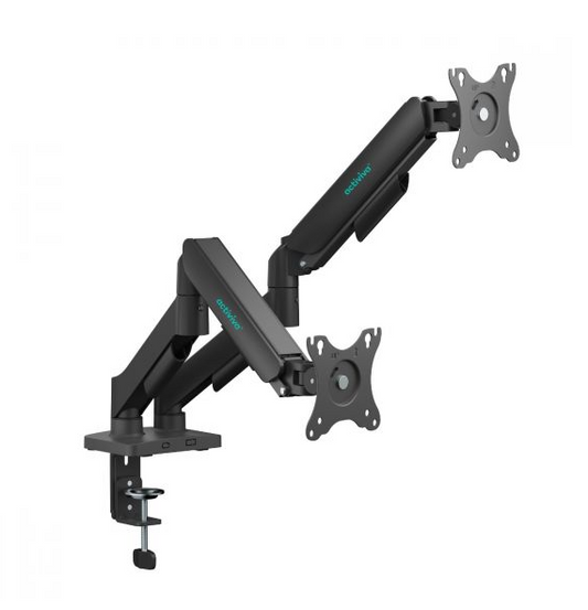 mbeatÂ® activiva Ergolife Dual-Screen Gas Spring Monitor Arm allows you to smoothly adjust the height, angle, and tilt of both screens with minimal
