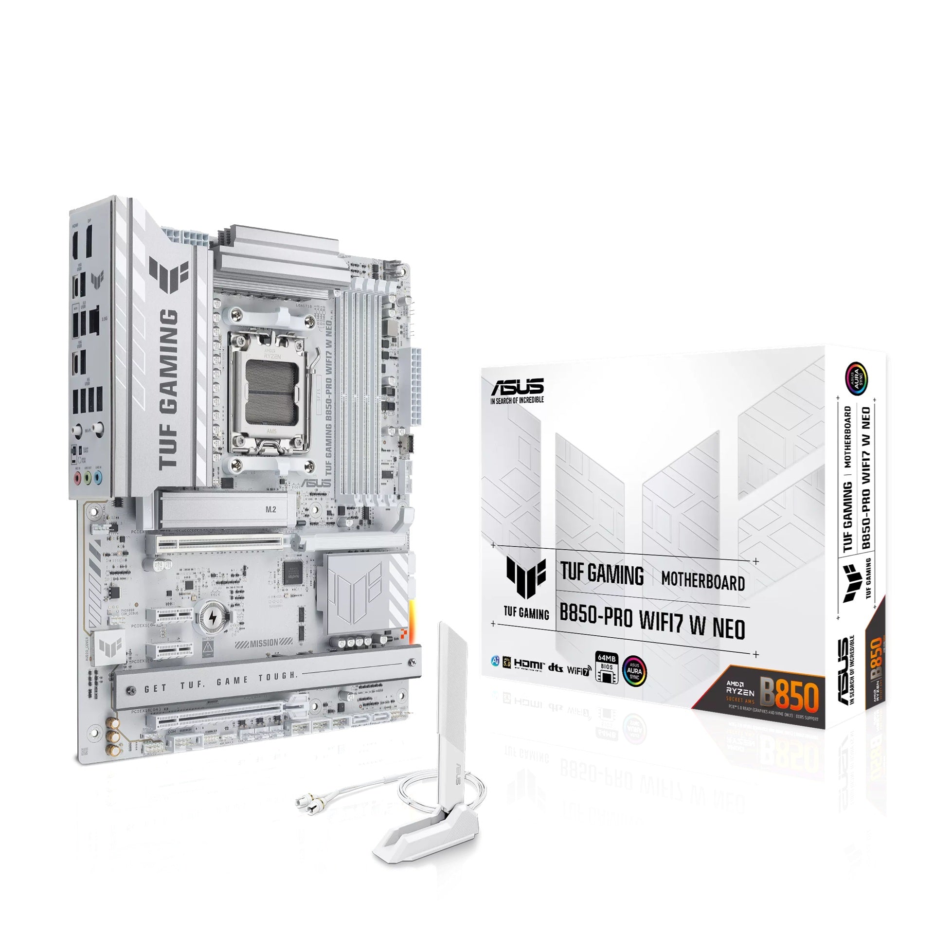 ASUS AMD TUF GAMING B850-PRO WIFI7 W NEO, AM5, 4DIMM, 256GB DDR5, 8400+MT/s, PCIe5.0 x16, x3 M.2, WiFi7, 2.5GbE, USB 20Gbps, HDMI2.1, DP1.4