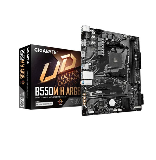 Gigabyte B550M H ARGB Micro-ATX AMD B550 motherboard with AM4 support, PCIe 4.0, DDR4 up to 5100MHz OC, HDMI 2.1, DP 1.4, M.2, and Gigabit LAN