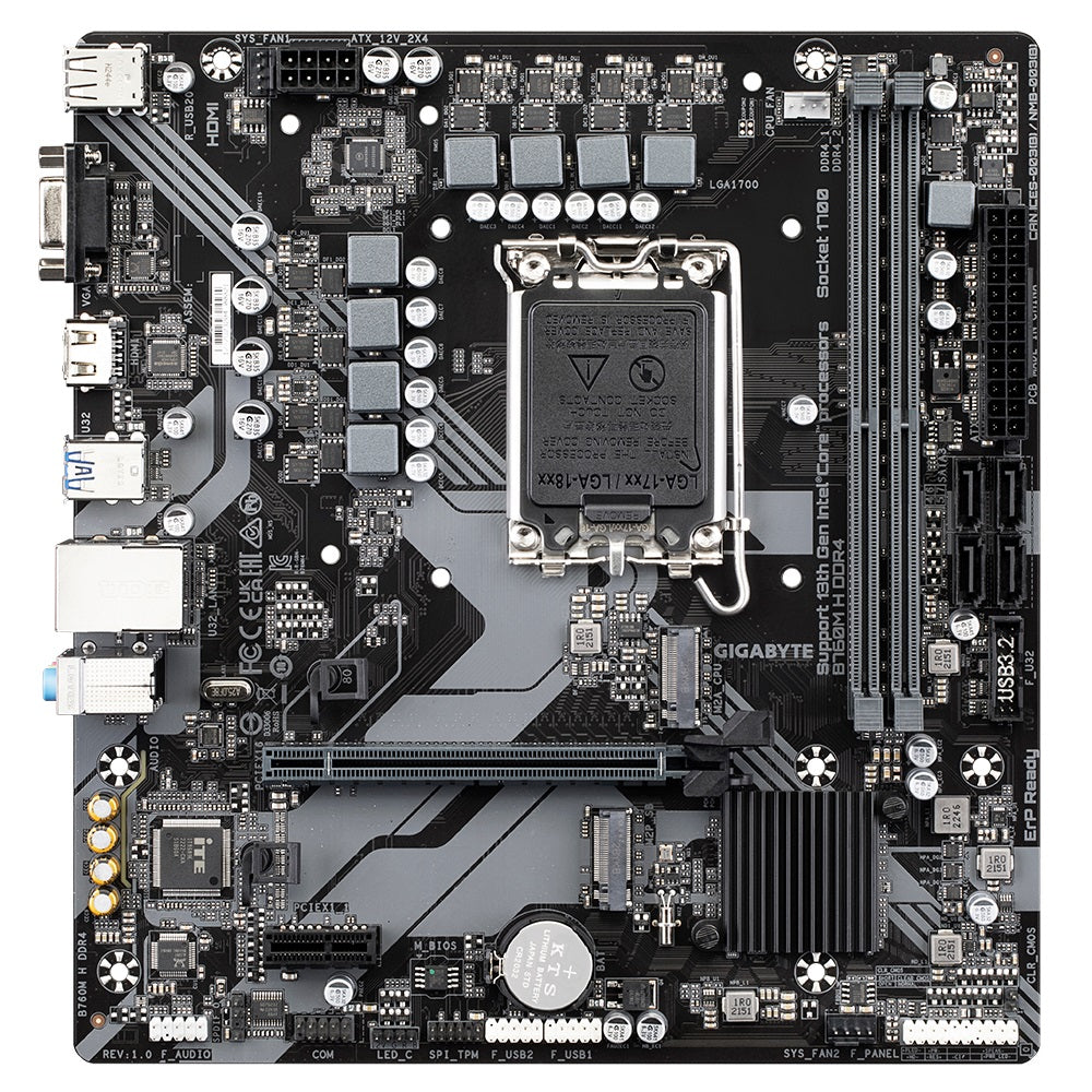 Gigabyte B760M H DDR4 Intel LGA 1700 m-ATX Motherboard, 2x DDR4 ~64GB, 1x PCI-E x16, 2x M.2, 4x SATA, 3x USB 3.2, 2x USB 2.0,