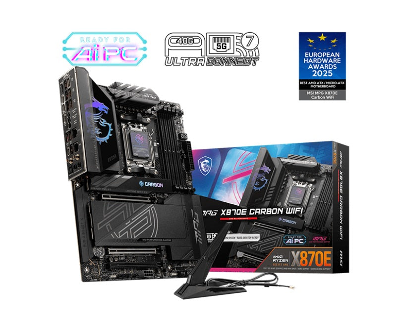 MSI MPG X870E CARBON WIFI, AMD AM5 ATX Motherboard 4x DDR5~256GB, 3x PCIe x16, 4x M.2, 9x USB 3.2, 4x USB-C