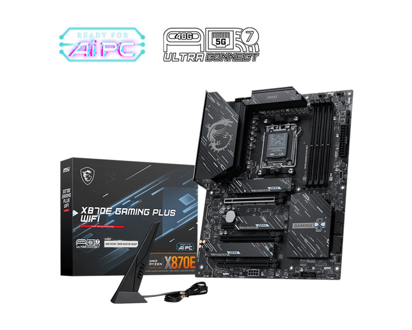 MSI X870E GAMING PLUS WIFI, AM5, Ryzen 7000-9000, X870E, DDR5-8200+, PCIe5 x16, M.2 Gen5, WiFi7, BT5.4, 5G LAN, USB4, USB20G, Audio7.1, 8CH HD Boost