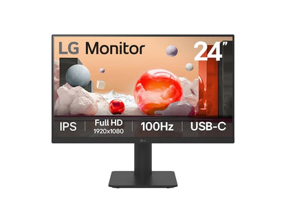 LG 24' IPS Full HD monitor with USB-C â€“ 23.8' FHD IPS, 100Hz, 5ms, 250 nits, 16:9, NTSC 72%, 3-side borderless, USB-C 65W PD, Height/Tilt adj