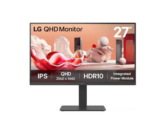 LG 27' QHD IPS Monitor, 2560x1440, HDR10, 99% sRGB, 75â€¯Hz, integrated power, adjustable stand (tilt/height/swivel/pivot), Flicker Safe & Reader Mode