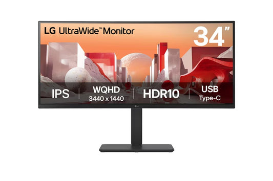 LG 34" UltraWide QHD Curved IPS Monitor — HDR10, sRGB 99%, USB-C PD 90W, RJ45, Speakers, Height/Tilt/Swivel Stand