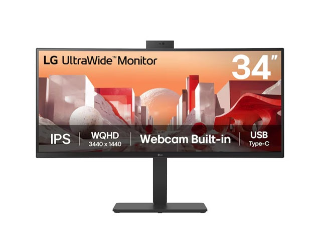 LG 34' UltraWide QHD Curved IPS 60Hz Monitor, 3440x1440, sRGB 99%, HDR10, Full HD Webcam/Mic/Speakers, USB-C 90W PD, RJ45, Adj Tilt/Height/Swivel