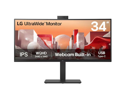 LG 34' UltraWide QHD Curved IPS 60Hz Monitor, 3440x1440, sRGB 99%, HDR10, Full HD Webcam/Mic/Speakers, USB-C 90W PD, RJ45, Adj Tilt/Height/Swivel