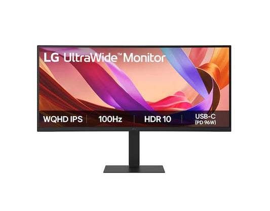 LG 34' UltraWide 21:9 WQHD Curved IPS Monitor with 3440x1440 resolution, sRGB 99%, HDR10, 100Hz, 5ms response, and tilt/height/swivel stand