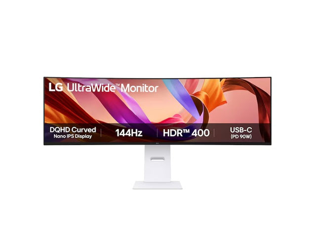 LG 49' UltraWide DQHD Curved Nano IPS Monitor with 5120x1440 resolution, 144Hz, 1ms MBR, HDR400, DCI-P3 98%, and 2x10W speakers