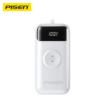 Pisen Flex 22.5W CCC-Certified 10K (10000mAh) Power Bank + Integrated Cable (Lightning + USB-C) + Watch Wireles Charging - White, 2 Year Warranty