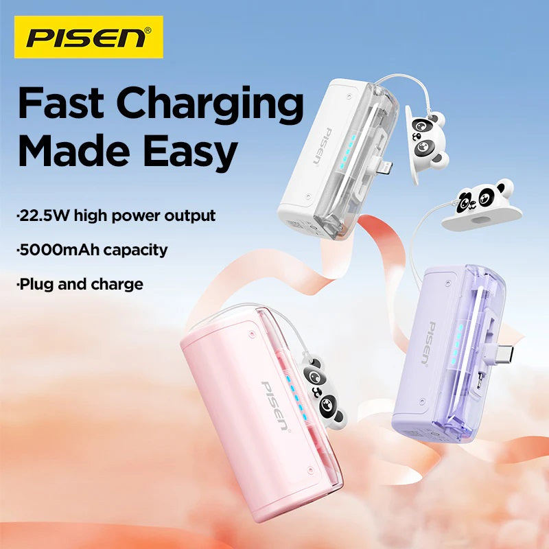 Pisen Power Tiny 22.5W  CCC-Certified 5K (5000mAh) Mini Power Bank - USB-A + USB-C Port, 2-in-1 Design, Built-in Stand, 2 Year Warranty