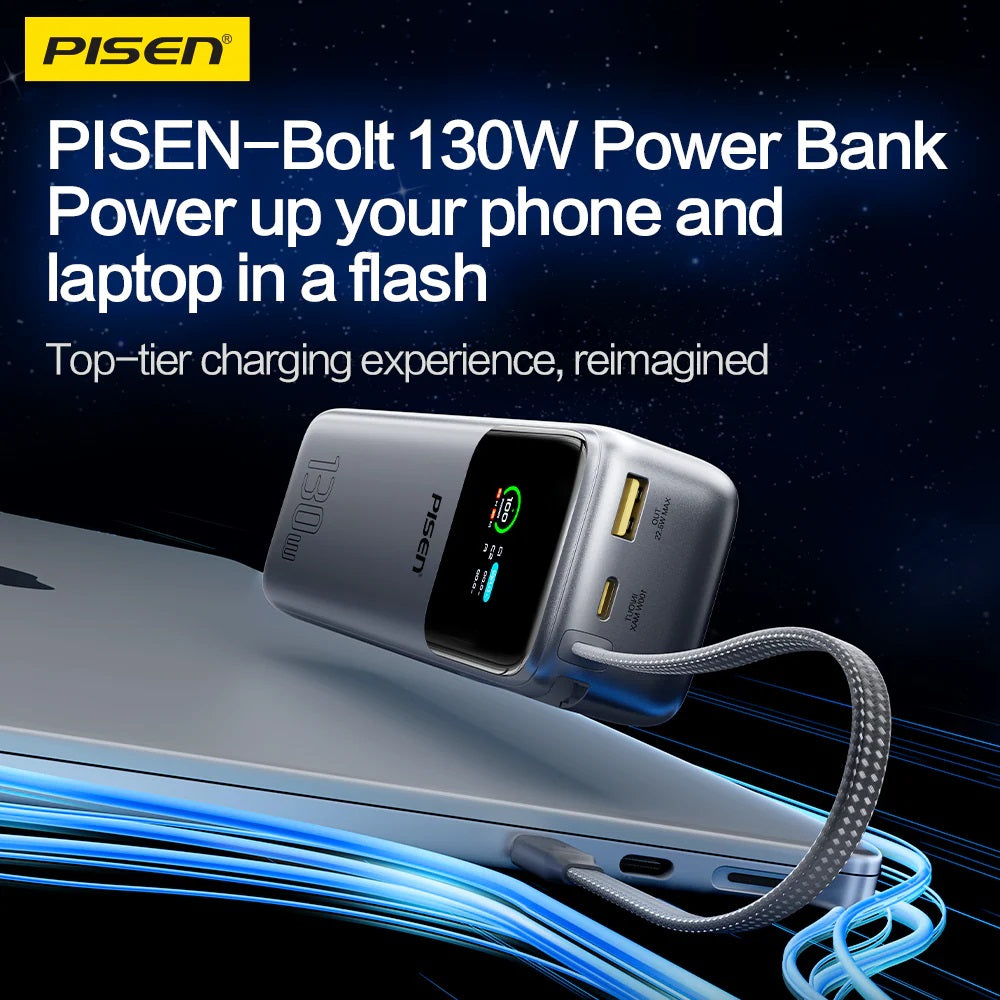 Pisen Bolt 20k mAh 130W Laptop PowerBank - CCC Certified, Fast Charging, Digital Display, 3 Devices, Air Travel Friendly, 2 Year Warranty