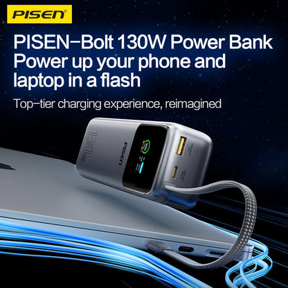 Pisen Bolt 20k mAh 130W Laptop PowerBank - CCC Certified, Fast Charging, Digital Display, 3 Devices, Air Travel Friendly, 2 Year Warranty