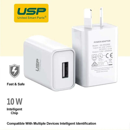 USP 10W USB-A Fast Wall Charger White - Intelligent Chip, Smart Charging, Output