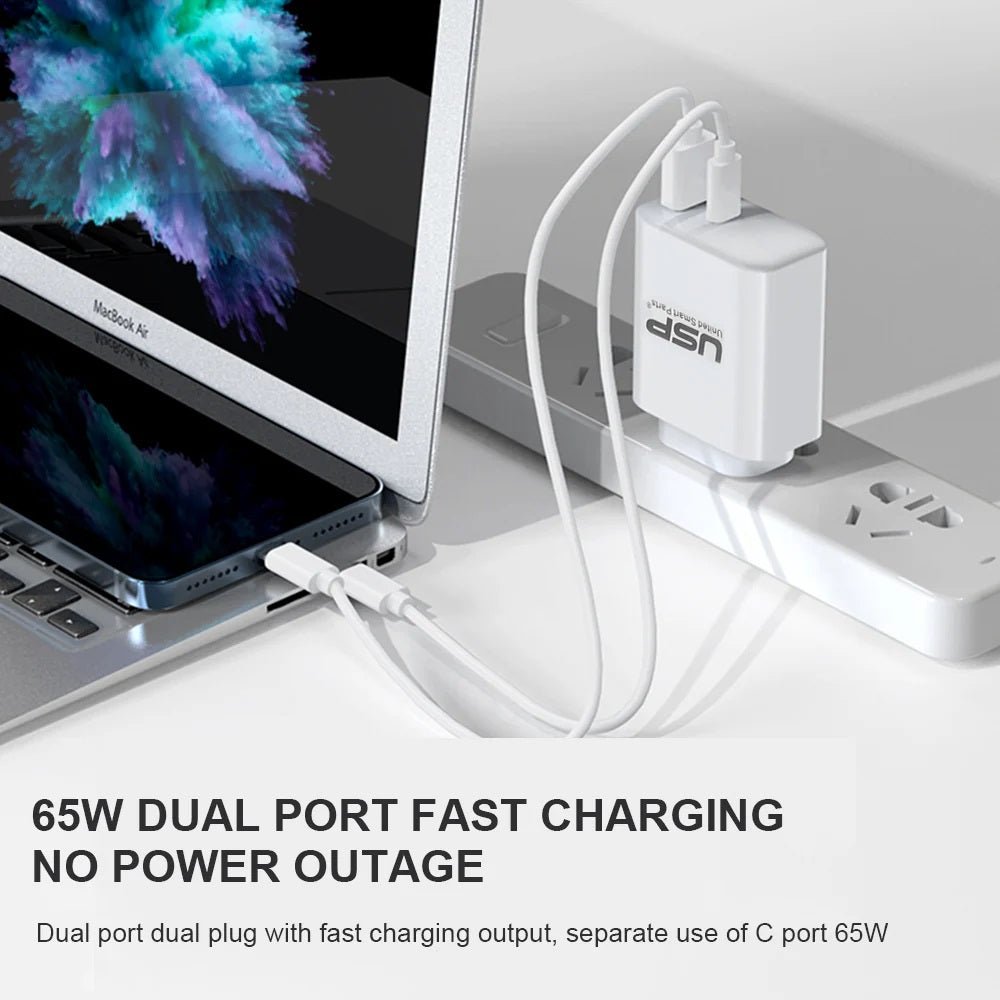 USP Dual Port PD 65W GaN Fast Wall Charger USB-C + USB-A for Phone Laptop, Intel