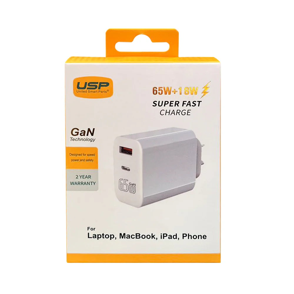 USP Dual Port PD 65W GaN Fast Wall Charger USB-C + USB-A for Phone Laptop, Intel