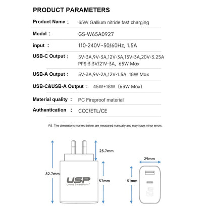 USP Dual Port PD 65W GaN Fast Wall Charger USB-C + USB-A for Phone Laptop, Intel