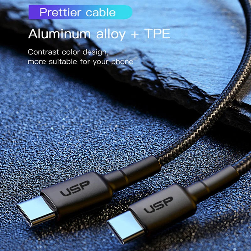 USP BoostUp Braided USB-C to USB-C Cable (2M) Black -3A/60W, Fast & Safe Charge,Strong & Durable,Samsung Galaxy,Apple iPhone,iPad,MacBook,Google,OPPO