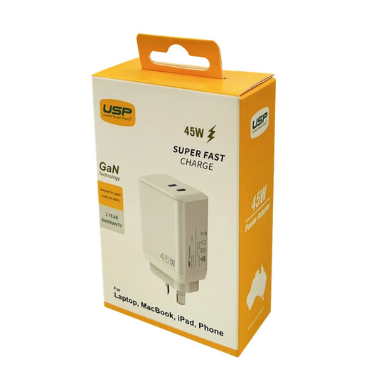 USP 45W Dual Ports USB-C PD GaN Wall Charger White - Charge Two Device Simultaneously, Smart & Reliable, Compact Design