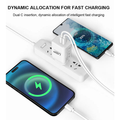 USP 45W Dual Ports USB-C PD GaN Wall Charger White - Charge Two Device Simultaneously, Smart & Reliable, Compact Design