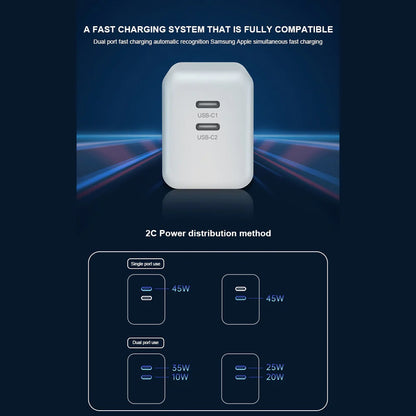 USP 45W Dual Ports USB-C PD GaN Wall Charger White - Charge Two Device Simultaneously, Smart & Reliable, Compact Design
