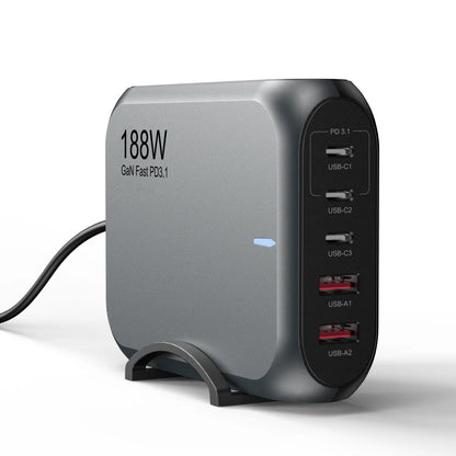 USP 188W Five Ports USB-C PD GaN Wall Charger Black - 3x USB-C, 2x USB-A, Efficient, High Quality, Tablet, Laptop,Watch, iPhone, 2 Year Warranty