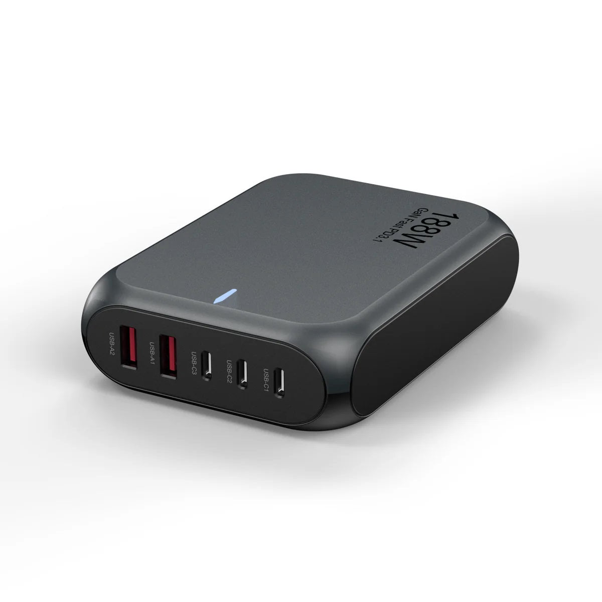 USP 188W Five Ports USB-C PD GaN Wall Charger Black - 3x USB-C, 2x USB-A, Efficient, High Quality, Tablet, Laptop,Watch, iPhone, 2 Year Warranty