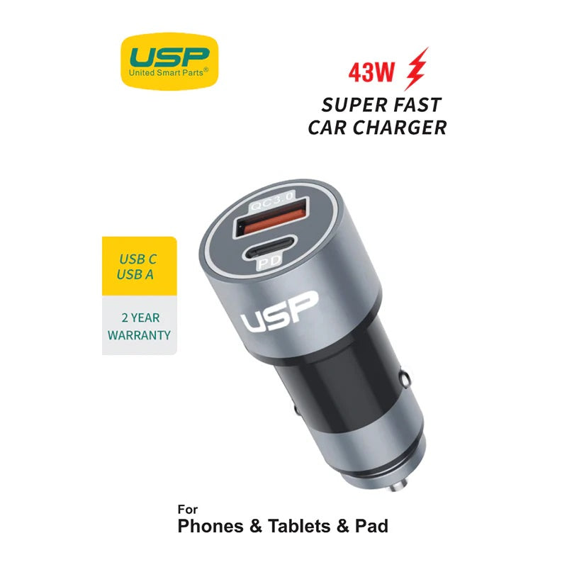 USP 43W Dual Port Car Charger (USB-C PD 25W + USB-A QC 3.0) – Silver, Smart Protection, Dual USB, Fast charging for Samsung & iPhone, 5 Years Warranty