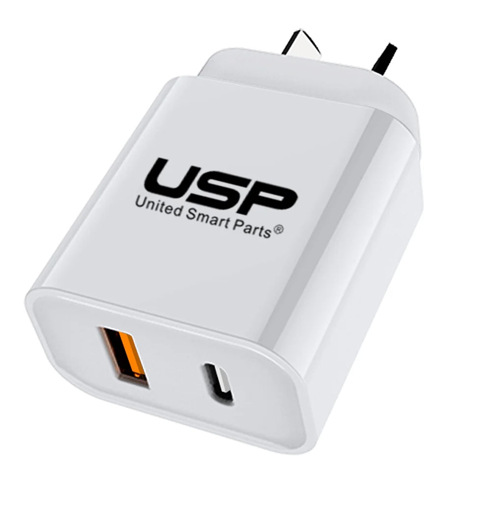 USP 20W QC 3.0 Dual Port USB-A USB-C PD Fast Wall Charger White - Safe Charge,Ch