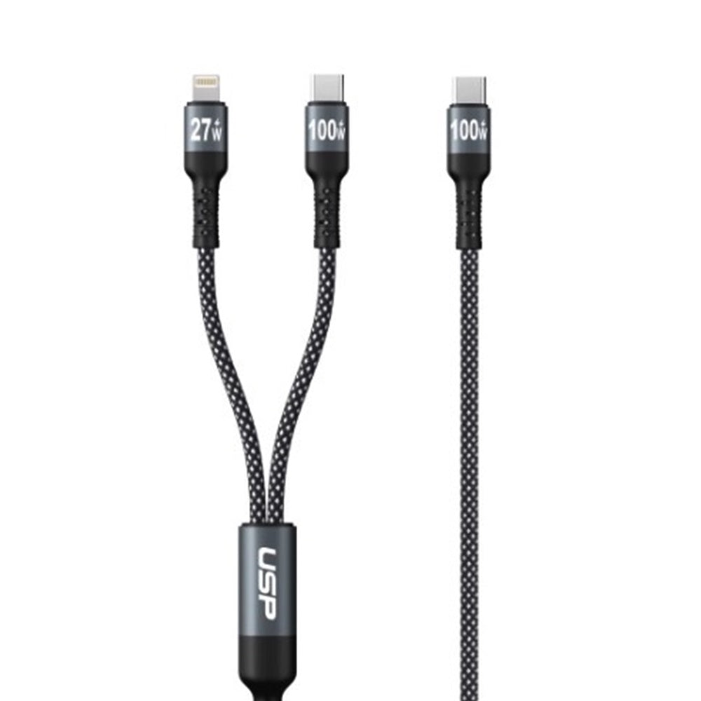 USP Braided 2-in-1 USB-C to Lighting (27W) + USB-C (100W) Super Fast Charging Ca