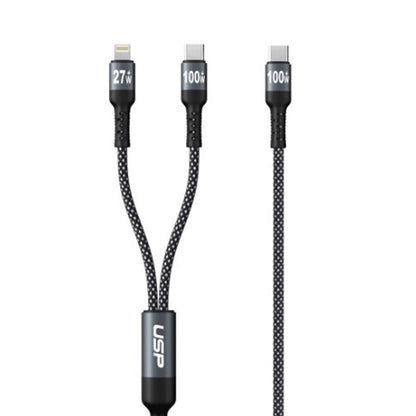 USP Braided 2-in-1 USB-C to Lighting (27W) + USB-C (100W) Super Fast Charging Ca