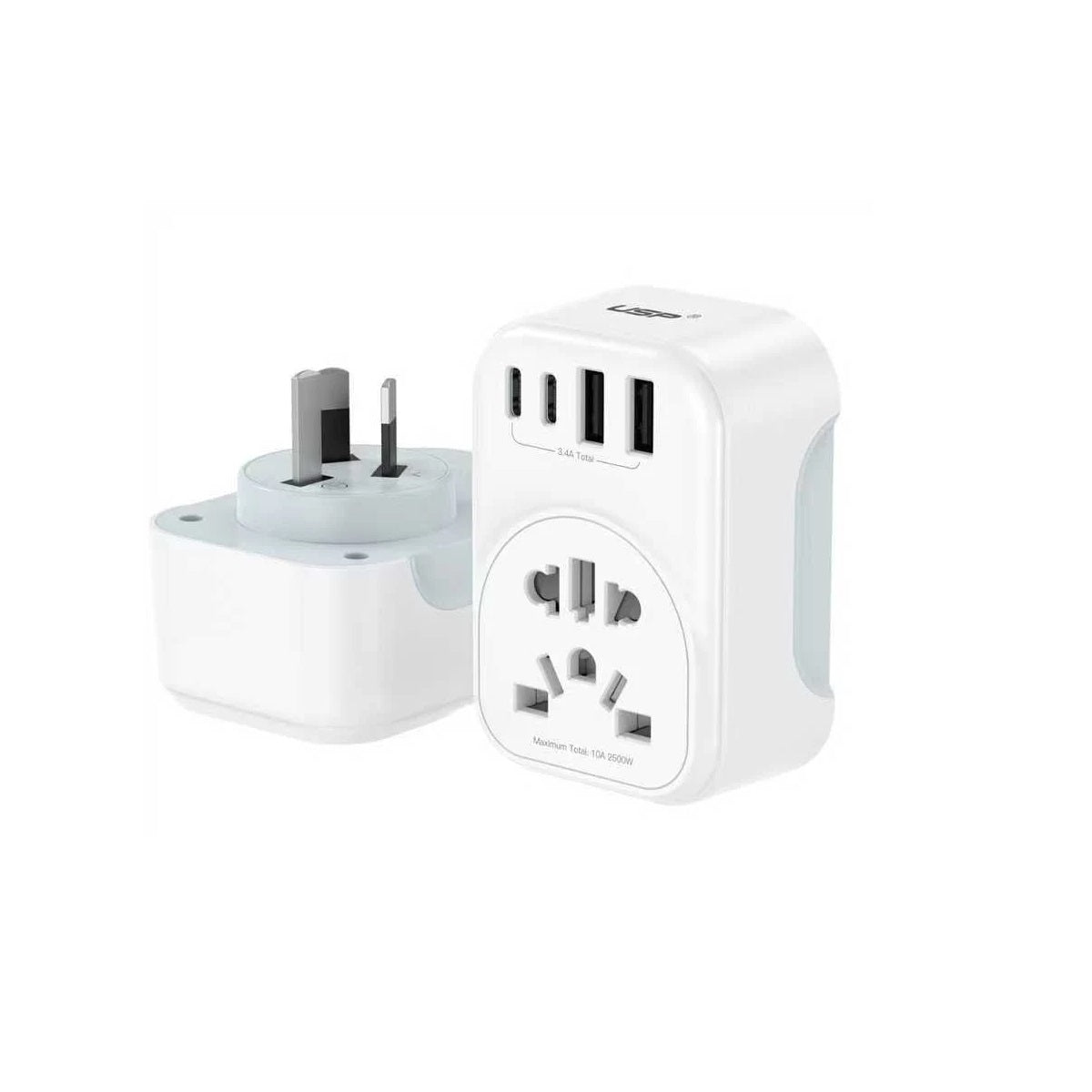 USP Australian Inbound Travel Adapter 2 USB-A + 2 USB-C + AC Socket, Portable device, 4 Universal Sockets, SAA Certification, 5 Years Warranty