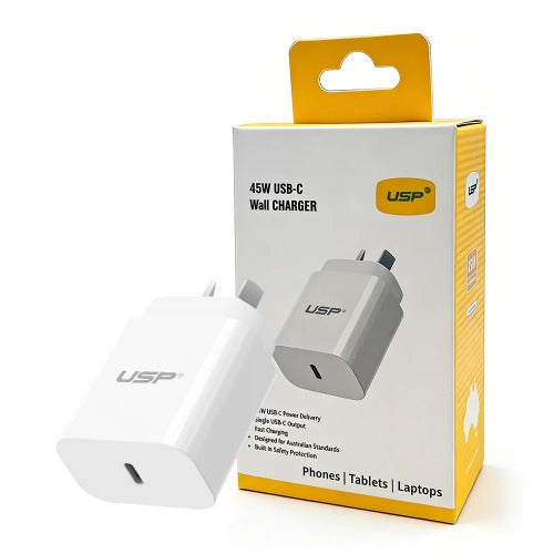 USP 45W GaN Single USB-C PD Wall Charger - White, Compact Design, Smart and Reliable, Built-in Safety Protection, 5 Years Warranty