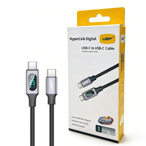 USP Braided HyperLink USB-C to USB-C (1M) Digital Display Cable - Black, Charge & Connect,Digital Display,140W PD, 5 Years Warranty