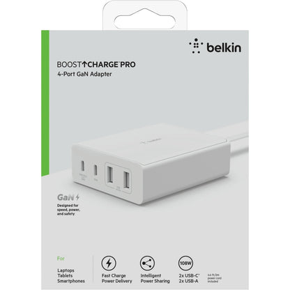 Belkin BoostCharge Pro 4-Port GaN Charger 108W - White (WCH010auWH), 2xUSB-C & 2