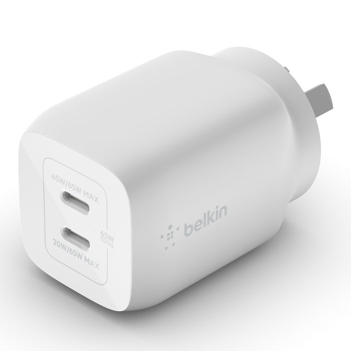 Belkin BoostCharge Pro Dual USB-C GaN Wall/Laptop Charger with PPS 65W - White(W