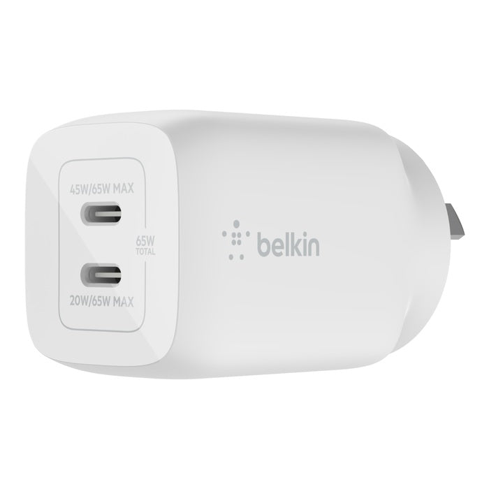 Belkin BoostCharge Pro Dual USB-C GaN Wall/Laptop Charger with PPS 65W - White(W